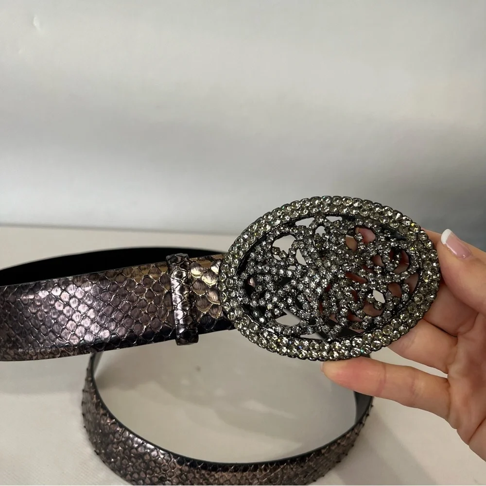 Orciani Snake Skin Belt Rhinestone Crystal Buckle Italy 90
